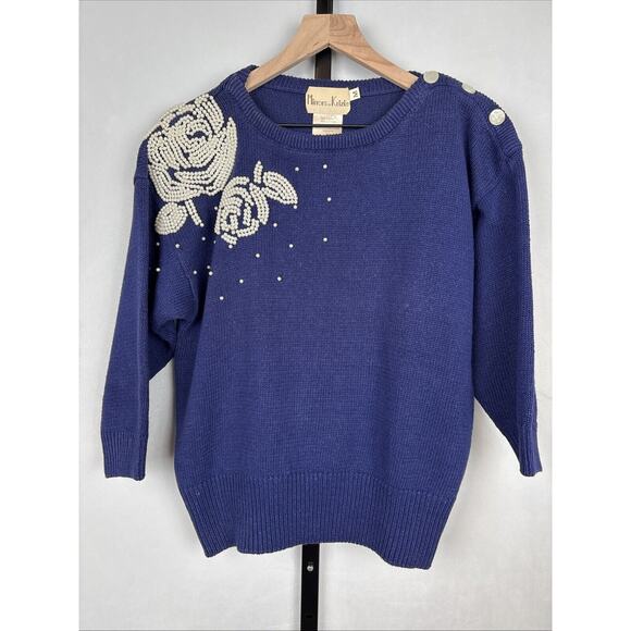 Vintage Mirrors of Krizia Sweater M Indigo Pullover Pearl Flower Shoulder Button - Picture 1 of 12